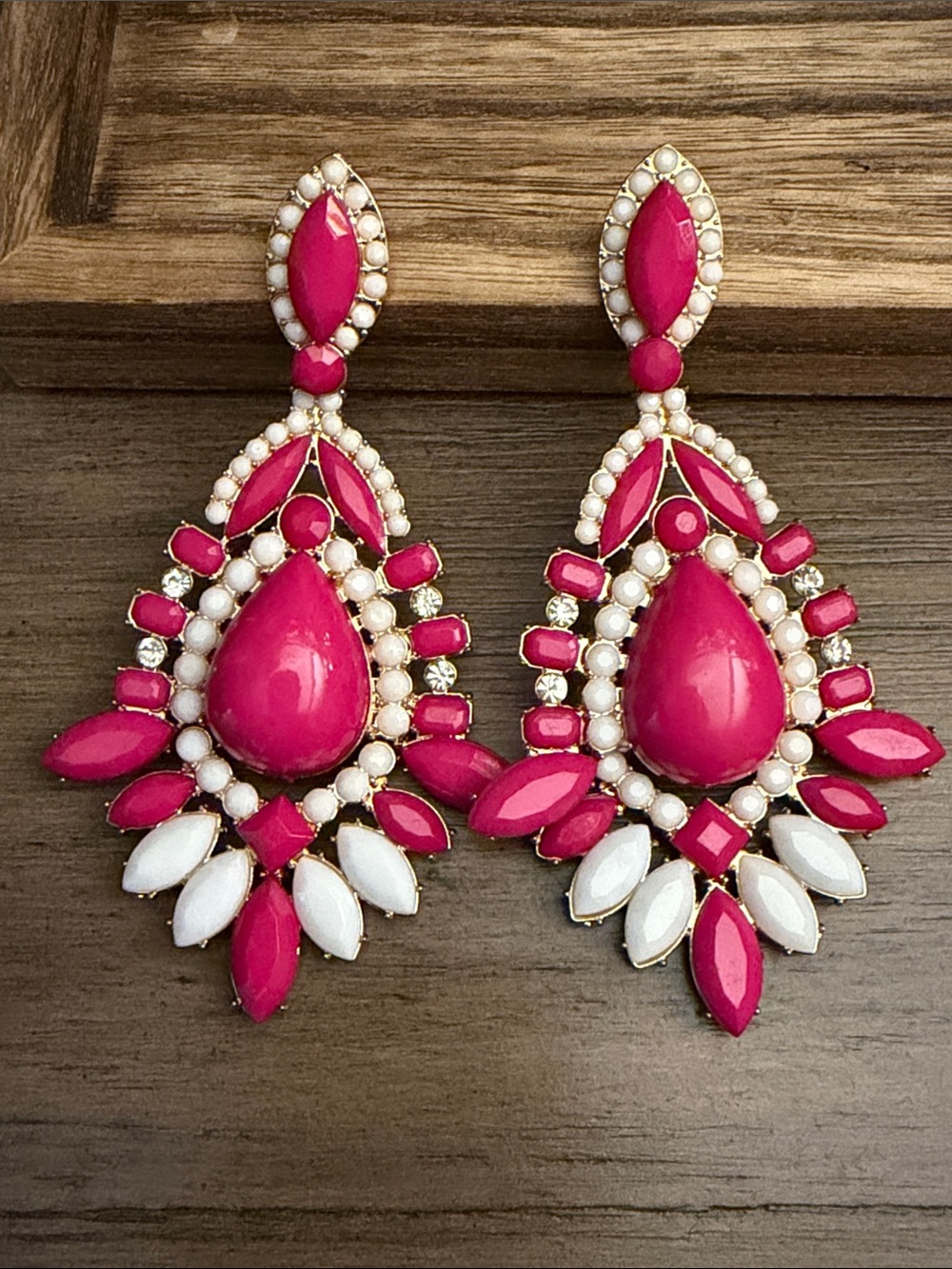 Hot Pink and White Teardrop Dangle Earrings